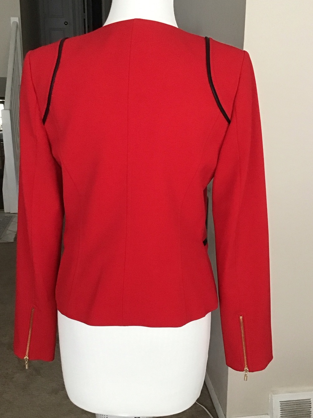 Calvin Klein Red Zip-Front Blazer with Black Trim and Gold Hardware - Picture 2 of 4